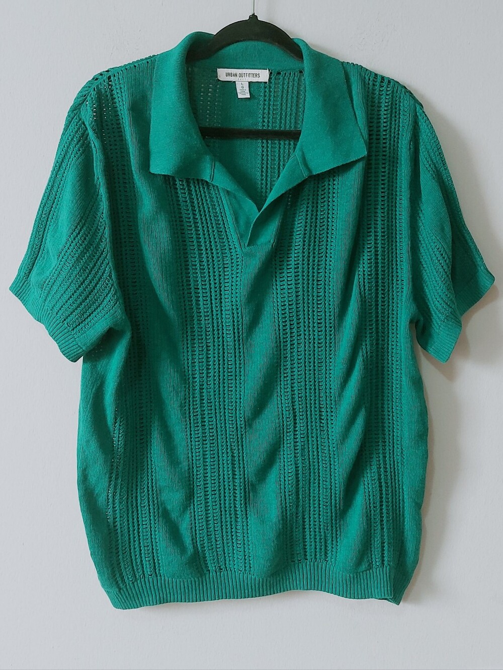 Urban Outfitters Men Green Open Knit Polo Shirt Large Spread Collar Short Sleeve